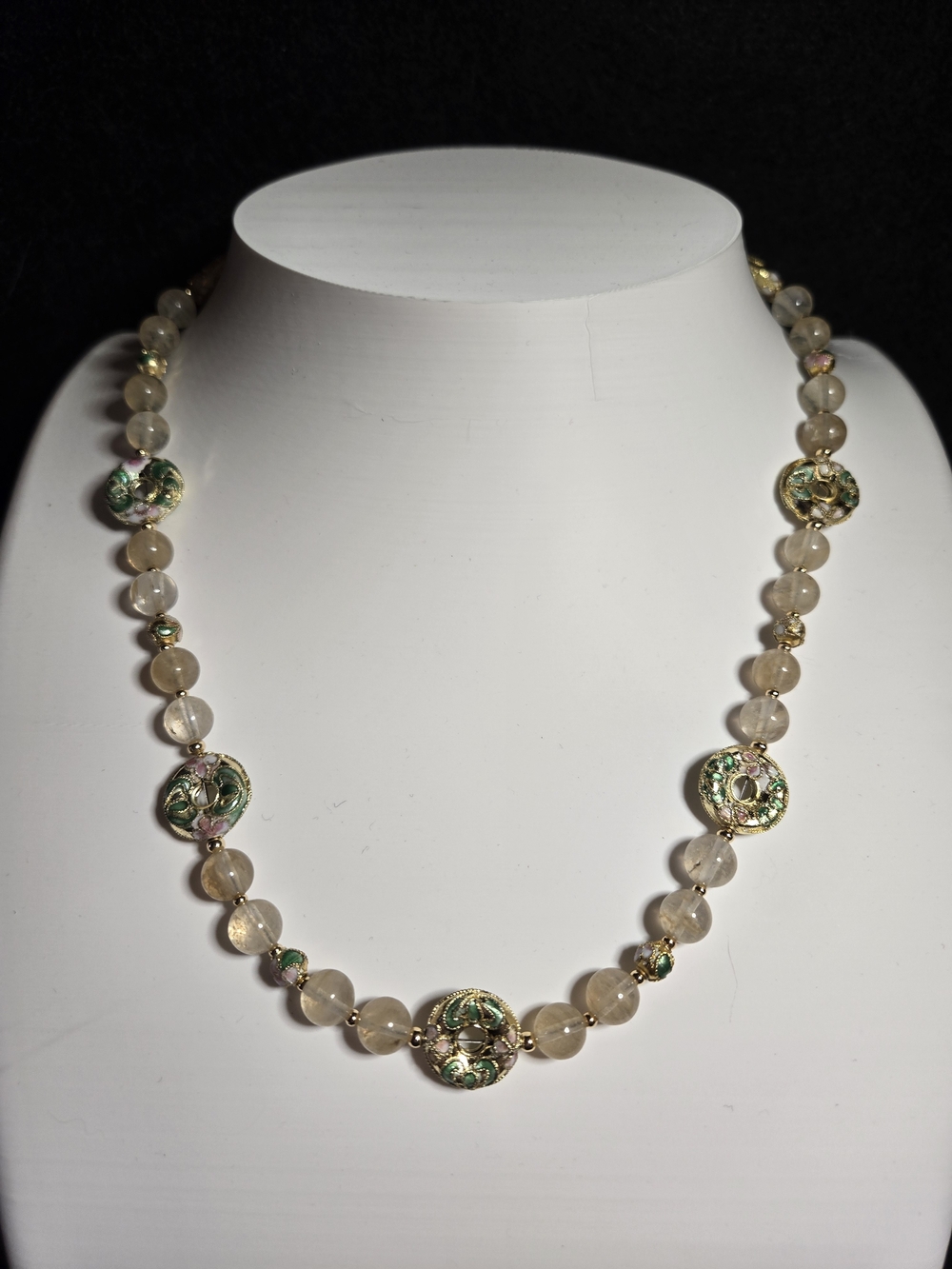 Gold Rutilated Quartz And Cloisonne Necklace And Earring Set - Picture 1 of 3